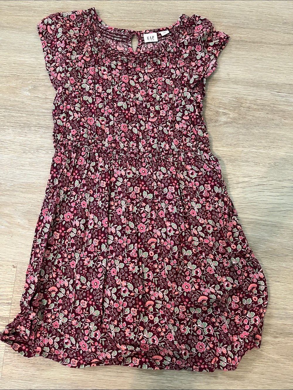 GAP Burgundy Floral Smocked Waist Girls Dress with Pink Accents
